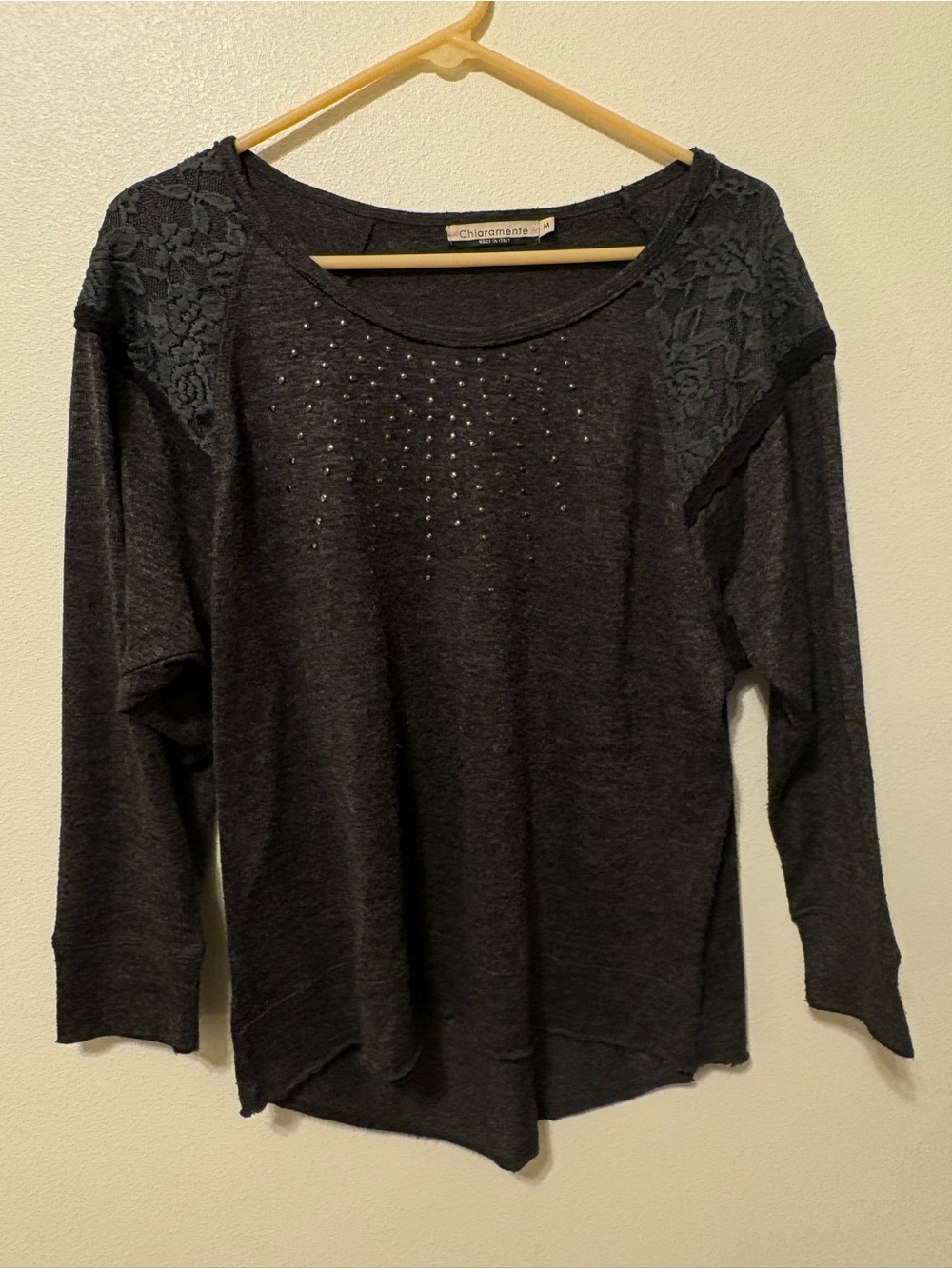 Chiaramente brand Black Lace Shoulder Studded Long-Sleeve Top